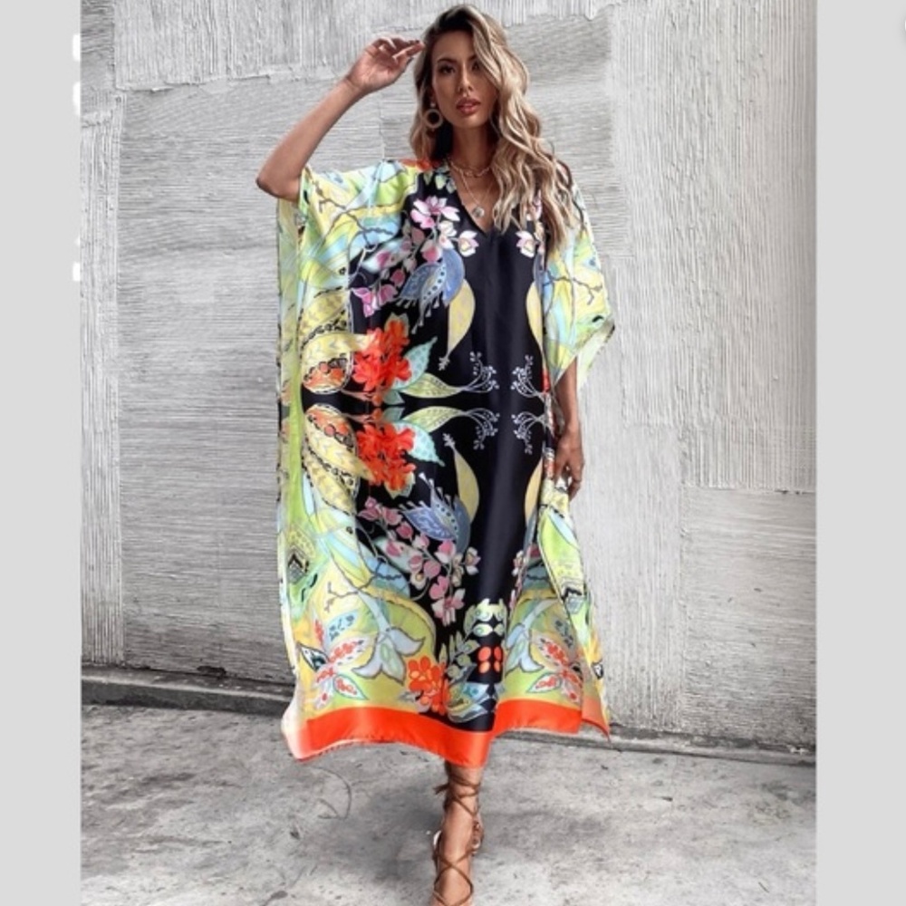 Zara Black Kimono Multicolored Printed Satin Feel Kaftan Scarf Midi Dress